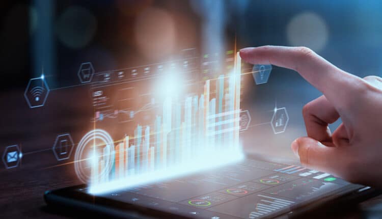 businesswoman hand trader press digital tablet with graphs analysis candle line on table in office, diagrams on screen.