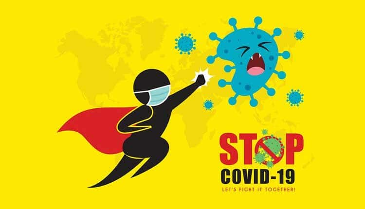 Stop coronavirus (covid-19) concept art of stick figure superman hitting coronavirus
