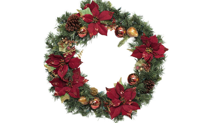 Adorned Christmas Wreath with Ornaments, on White, Copy Space