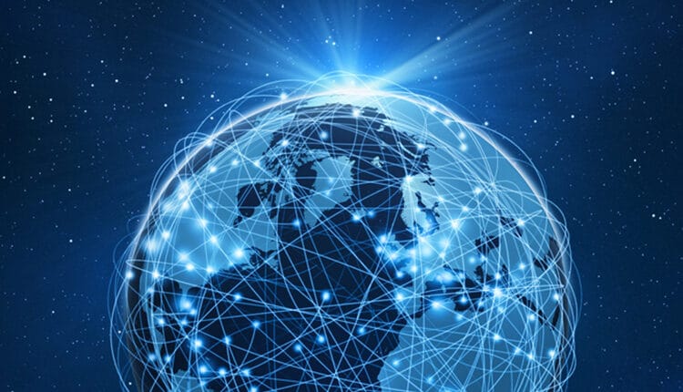 Earth sourrounded by a global computer network in blue space