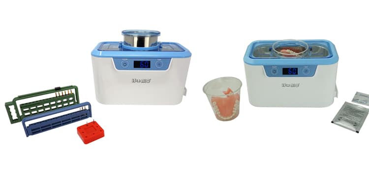 iSonic miniaturized commercial model DS310 using a standard disposable 9OZ PET cup to clean patient's denture/retainers/appliances. It can used to clean loose burs and files in the stainless steel beaker attached or burs/files guard in the main tank.