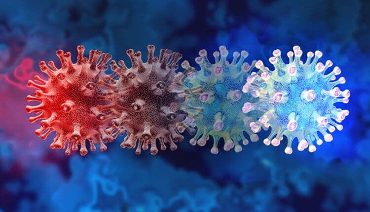 Mutating virus concept and new coronavirus b.1.1.7 variant outbreak or covid-19 viral cell mutation and influenza background as dangerous flu strain medical health risk with disease cells as a 3D render.