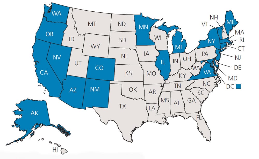 FIGURE 2. States where recreational marijuana is legal.* * Source: Britannica ProCon.org