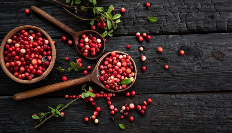 Red cranberries in a bowl with scattered berries on a dark wooden table